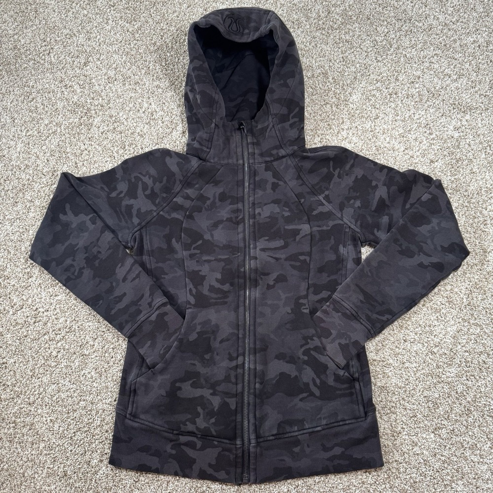 Lululemon Womens Size 6 Black Grey Camo‎ Scuba Hoodie Zip Cotton Fleece Jacket
